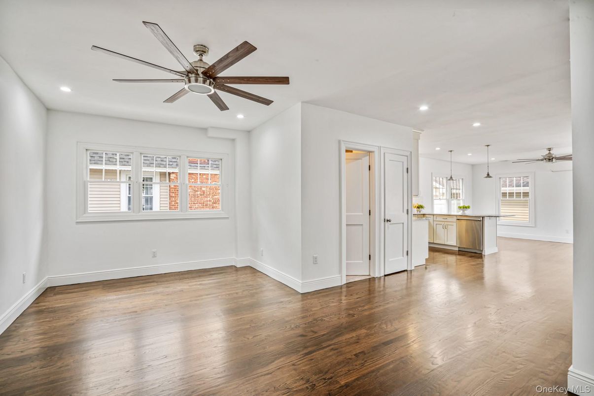 Empty room, Interior, Kitchen, Pendant Lights, Recessed Lighting, Wood Texture Flooring