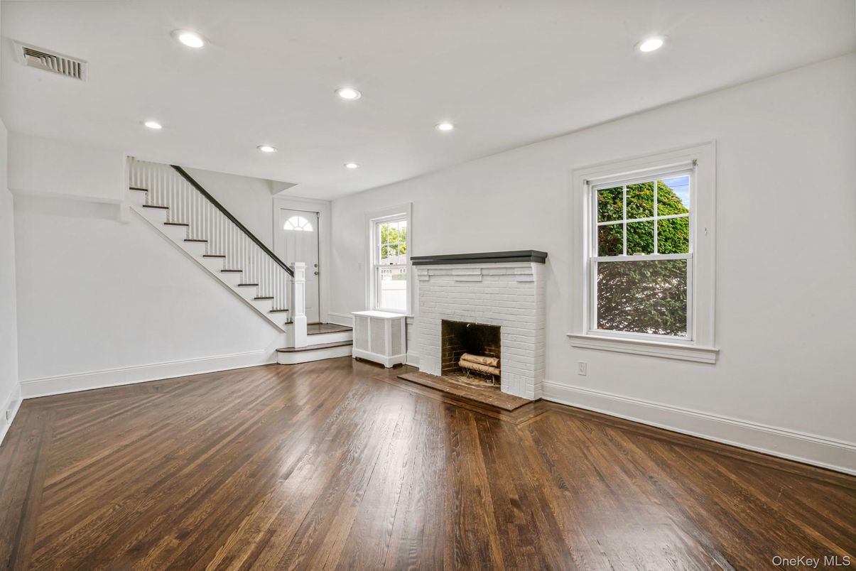 Empty room, Fireplace, Interior, Recessed Lighting, Wood Texture Flooring