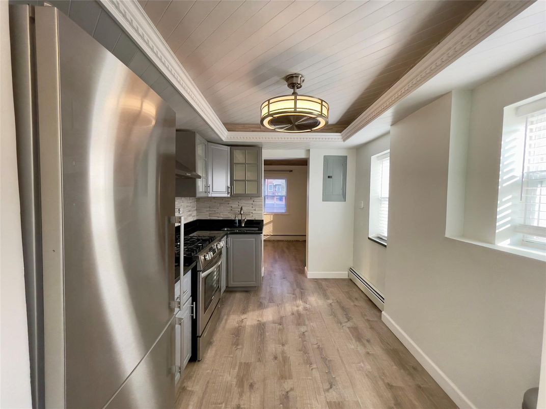 Interior, Kitchen, Pendant Lights, Stainless Steel Appliances, Wood Texture Flooring