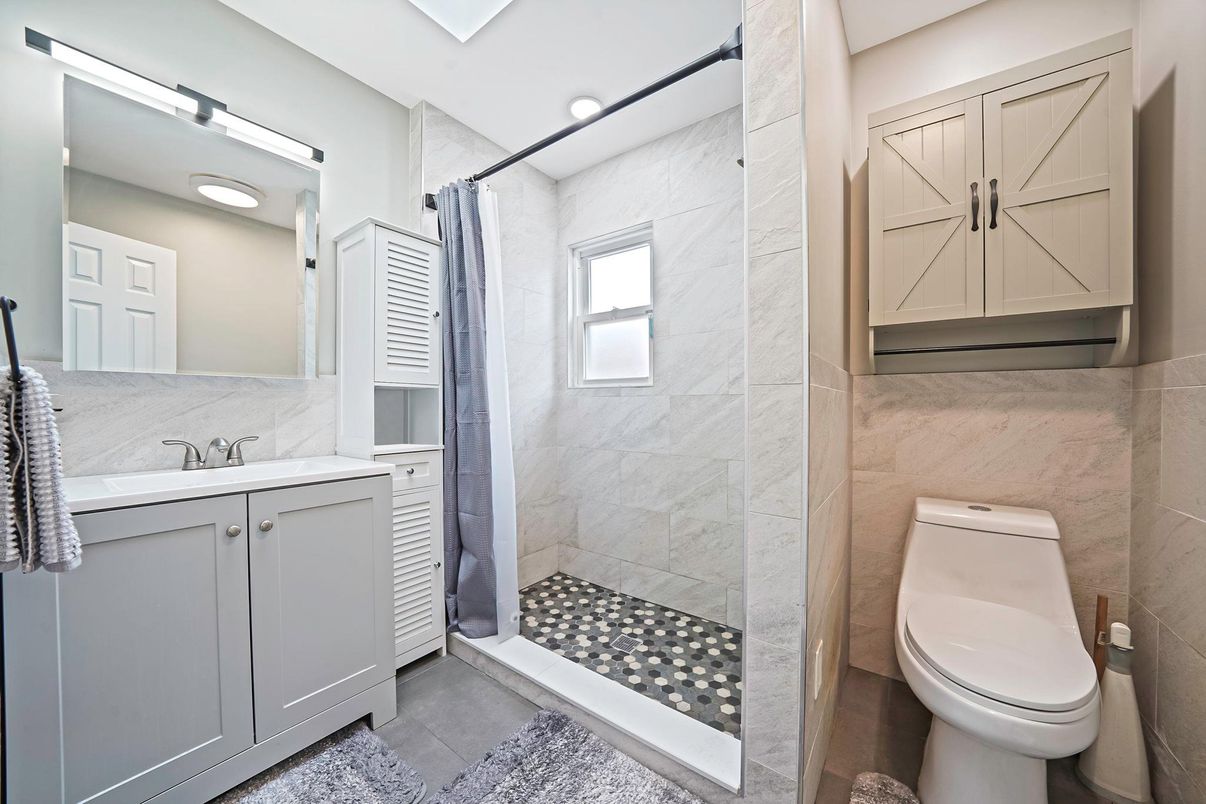Bathroom, Glass Shower, Interior, Marble Walls, Recessed Lighting