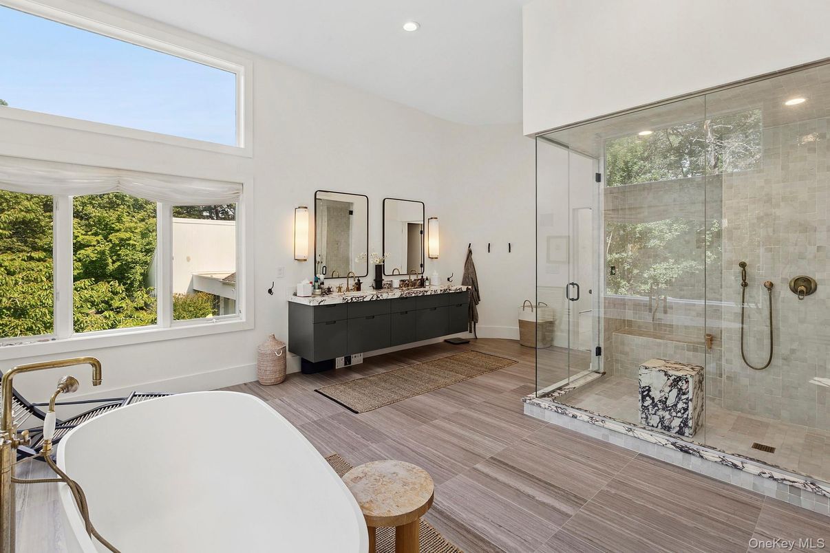Bathroom, Dual Sink Vanities, Free Standing Baths, Glass Shower, Interior, Recessed Lighting, Wood Texture Flooring