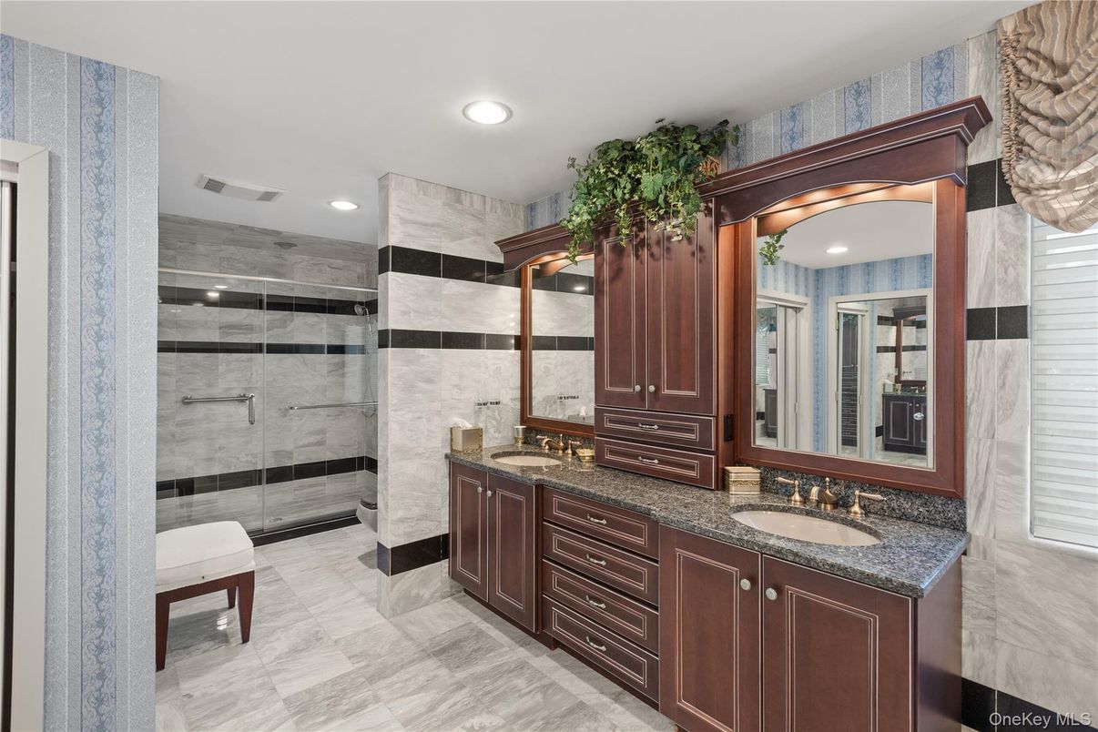 Bathroom, Dual Sink Vanities, Glass Shower, Interior, Marble, Recessed Lighting