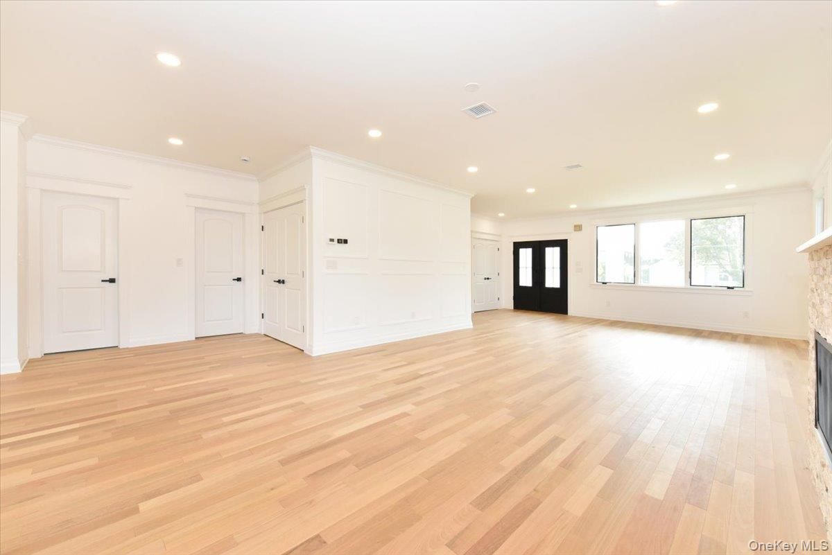 Empty room, Fireplace, Interior, Recessed Lighting, Wood Texture Flooring