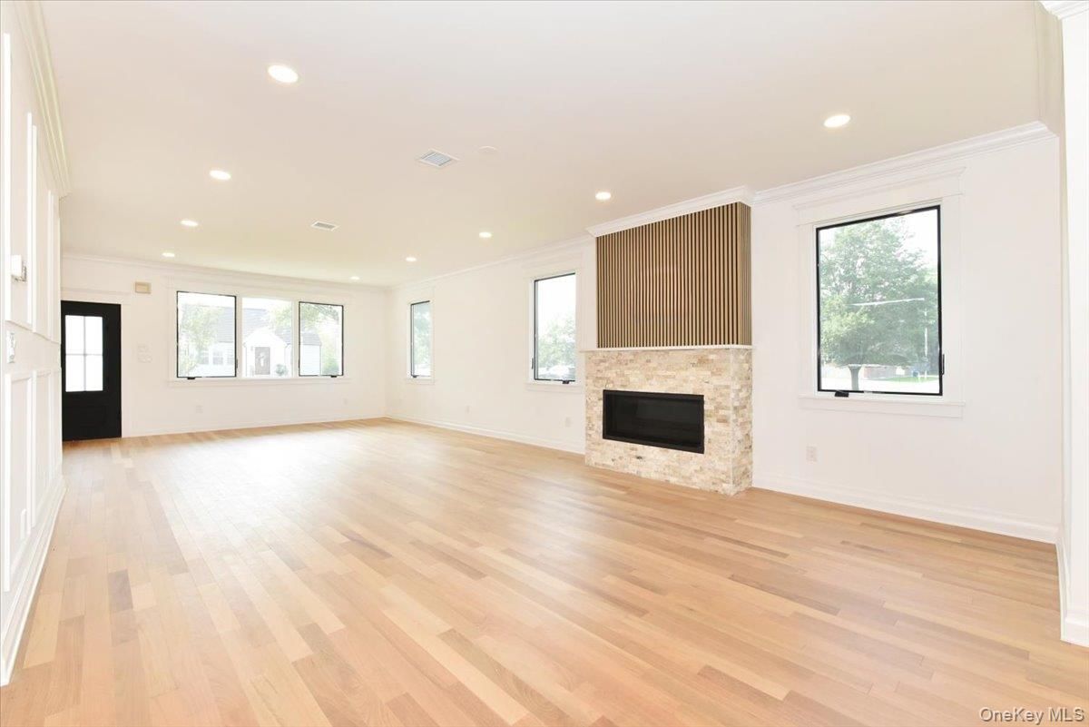 Empty room, Fireplace, Interior, Recessed Lighting, Wood Texture Flooring