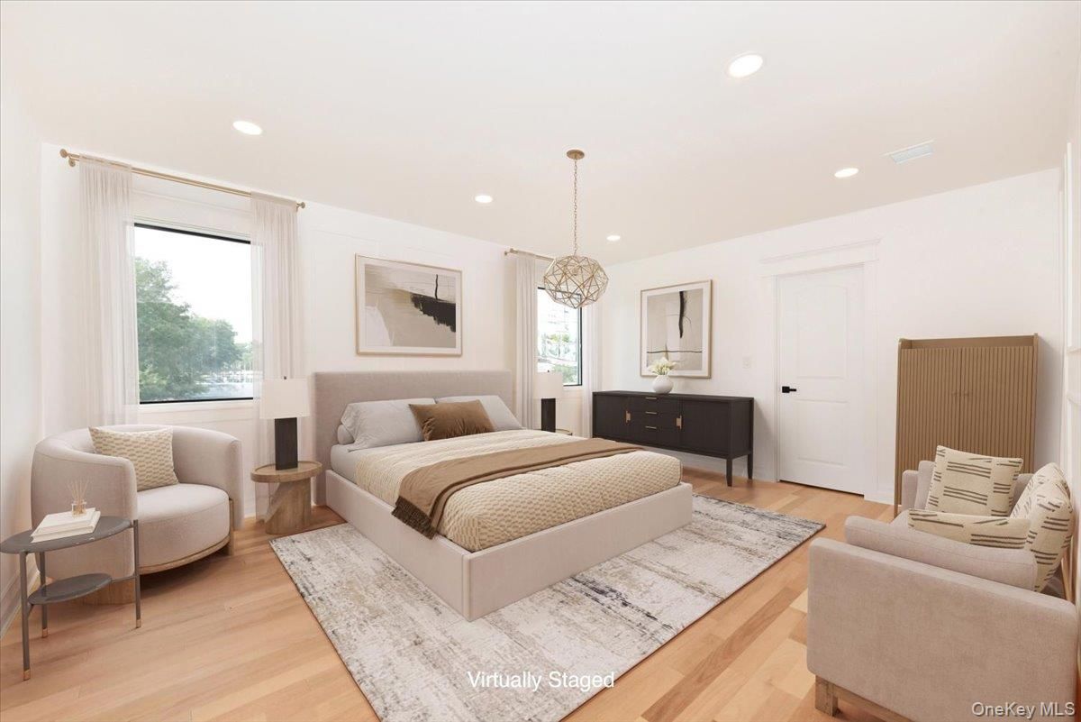 Bedroom, Interior, Pendant Lights, Recessed Lighting, Wood Texture Flooring