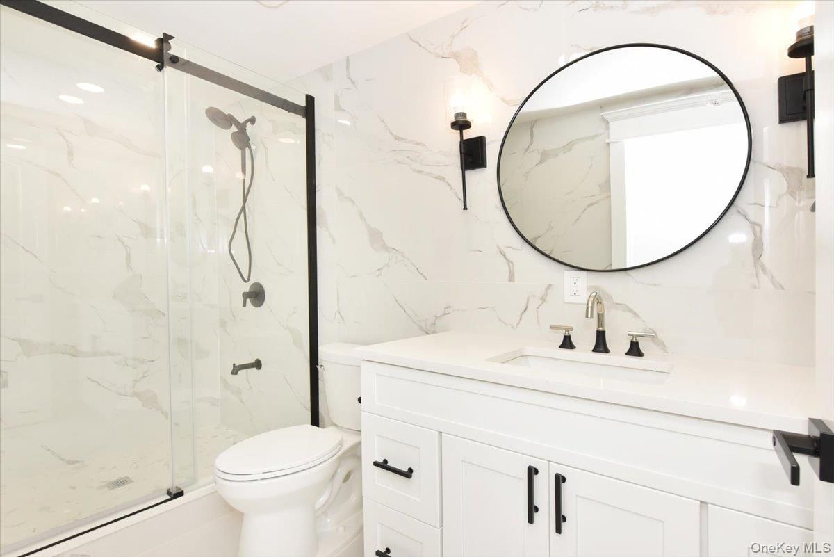 Bathroom, Glass Shower, Interior, Marble Walls, Recessed Lighting