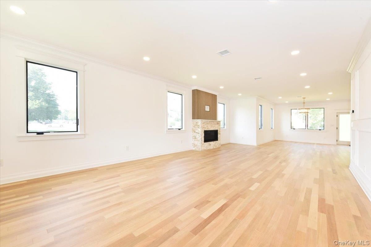 Empty room, Fireplace, Interior, Pendant Lights, Recessed Lighting, Wood Texture Flooring
