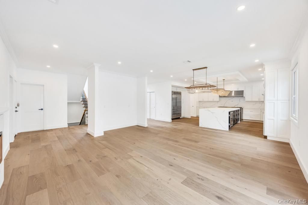 Empty room, Interior, Kitchen, Pendant Lights, Recessed Lighting, Wood Texture Flooring