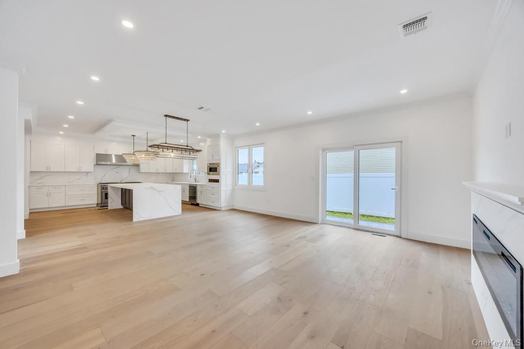 Interior, Kitchen, Marble Walls, Pendant Lights, Recessed Lighting, Wood Texture Flooring