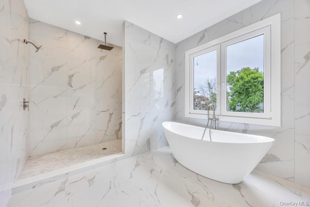 Bathroom, Free Standing Baths, Interior, Marble, Marble Walls, Recessed Lighting