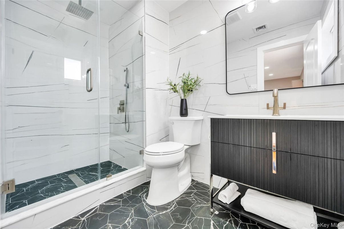 Bathroom, Glass Shower, Interior, Marble, Marble Walls, Recessed Lighting