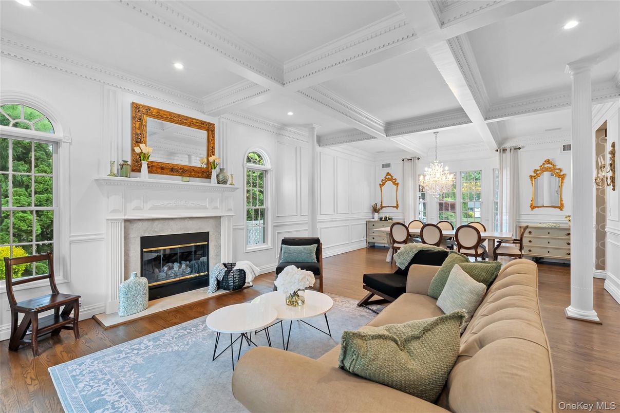 Chandelier, Dining room, Fireplace, Interior, Living room, Recessed Lighting, Wood Texture Flooring