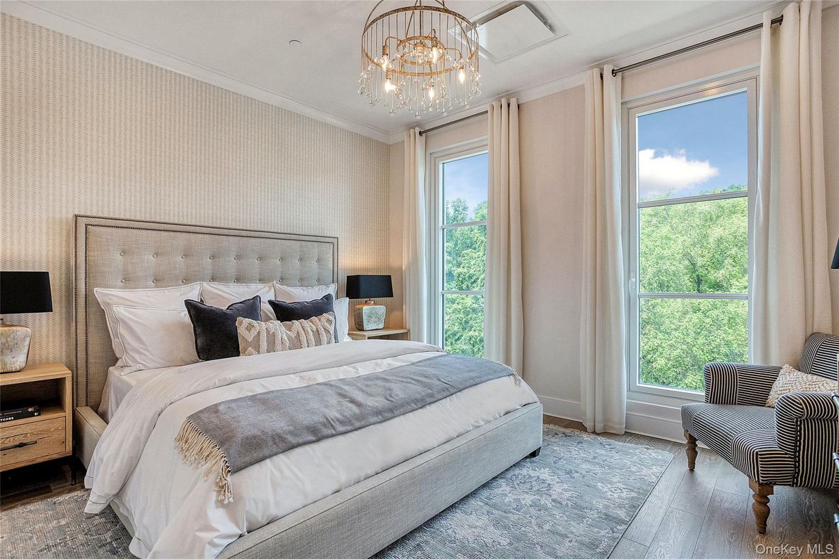 Bedroom, Chandelier, Interior, Wood Texture Flooring