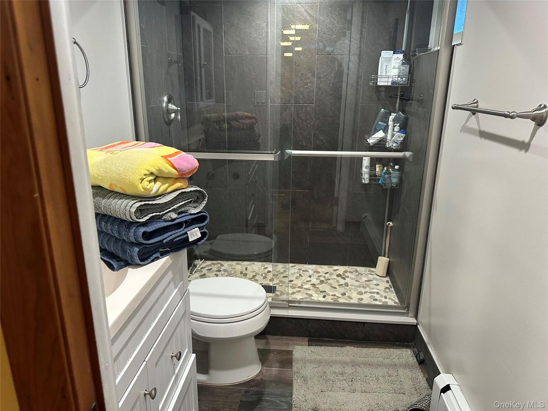 Bathroom, Glass Shower, Interior, Wood Texture Flooring
