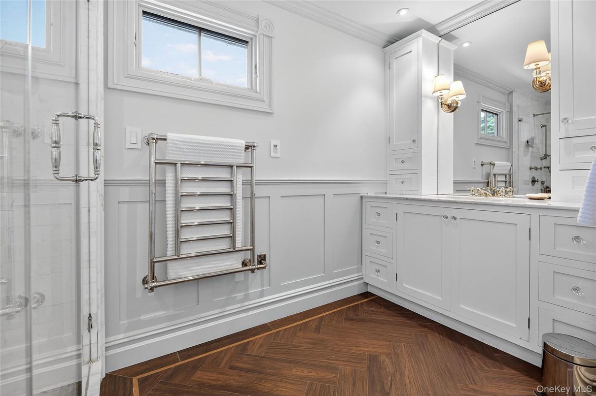 Bathroom, Glass Shower, Interior, Recessed Lighting, Wood Texture Flooring