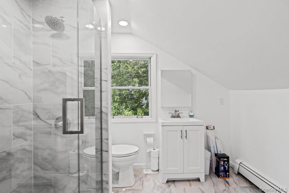 Bathroom, Glass Shower, Interior, Marble Walls, Recessed Lighting