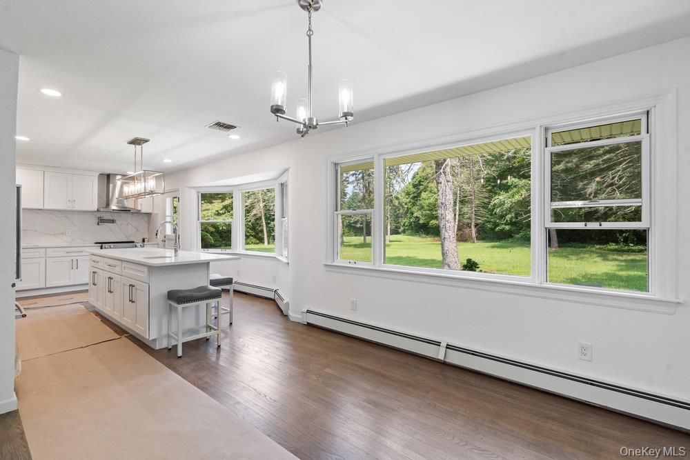 Chandelier, Interior, Kitchen, Marble Walls, Pendant Lights, Recessed Lighting, Wood Texture Flooring