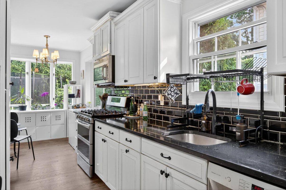 Chandelier, Interior, Kitchen, Stainless Steel Appliances, Wood Texture Flooring
