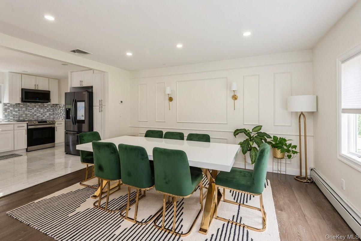 Dining room, Interior, Kitchen, Recessed Lighting, Stainless Steel Appliances, Wood Texture Flooring
