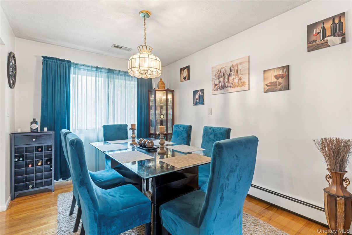 Dining room, Interior, Pendant Lights, Wood Texture Flooring