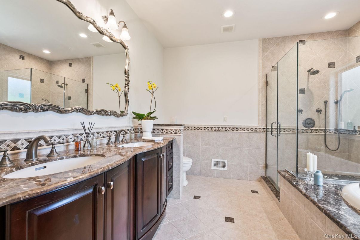 Bathroom, Dual Sink Vanities, Glass Shower, Interior, Recessed Lighting