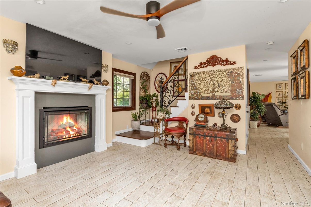 Fireplace, Interior, Recessed Lighting, Wood Texture Flooring