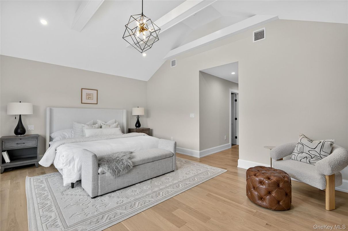 Bedroom, Interior, Pendant Lights, Recessed Lighting, Wood Texture Flooring