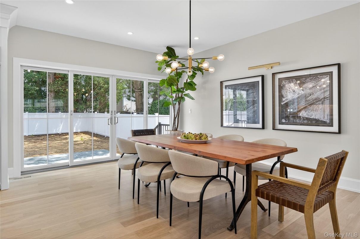Dining room, Interior, Pendant Lights, Recessed Lighting, Wood Texture Flooring