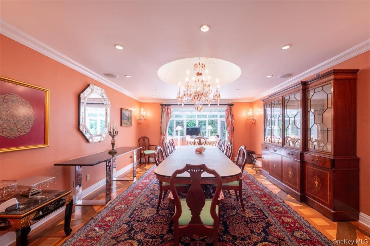 Chandelier, Dining room, Interior, Recessed Lighting, Wood Texture Flooring