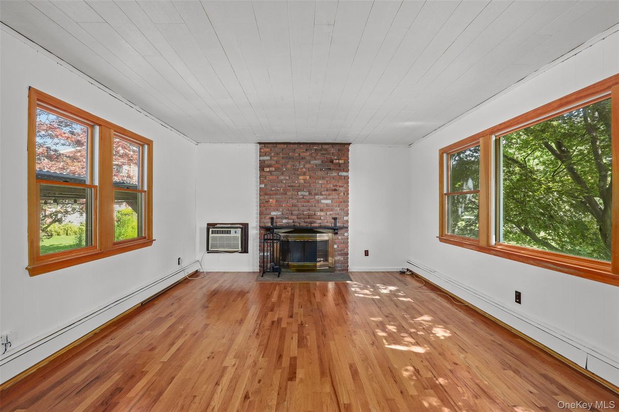 Empty room, Fireplace, Interior, Stone Walls, Wood Texture Flooring