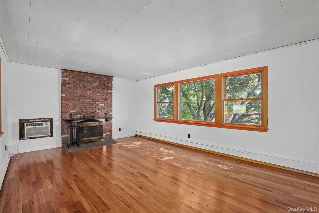 Empty room, Fireplace, Interior, Stone Walls, Wood Texture Flooring
