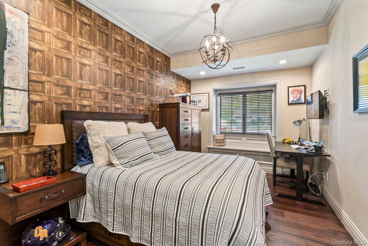 Bedroom, Chandelier, Interior, Recessed Lighting, Wood Texture Flooring, Wooden Walls