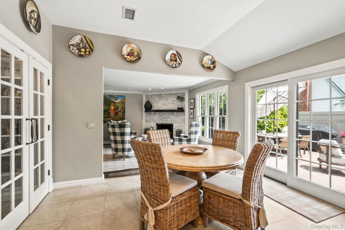 Dining room, Fireplace, Interior, Recessed Lighting, Stone Walls