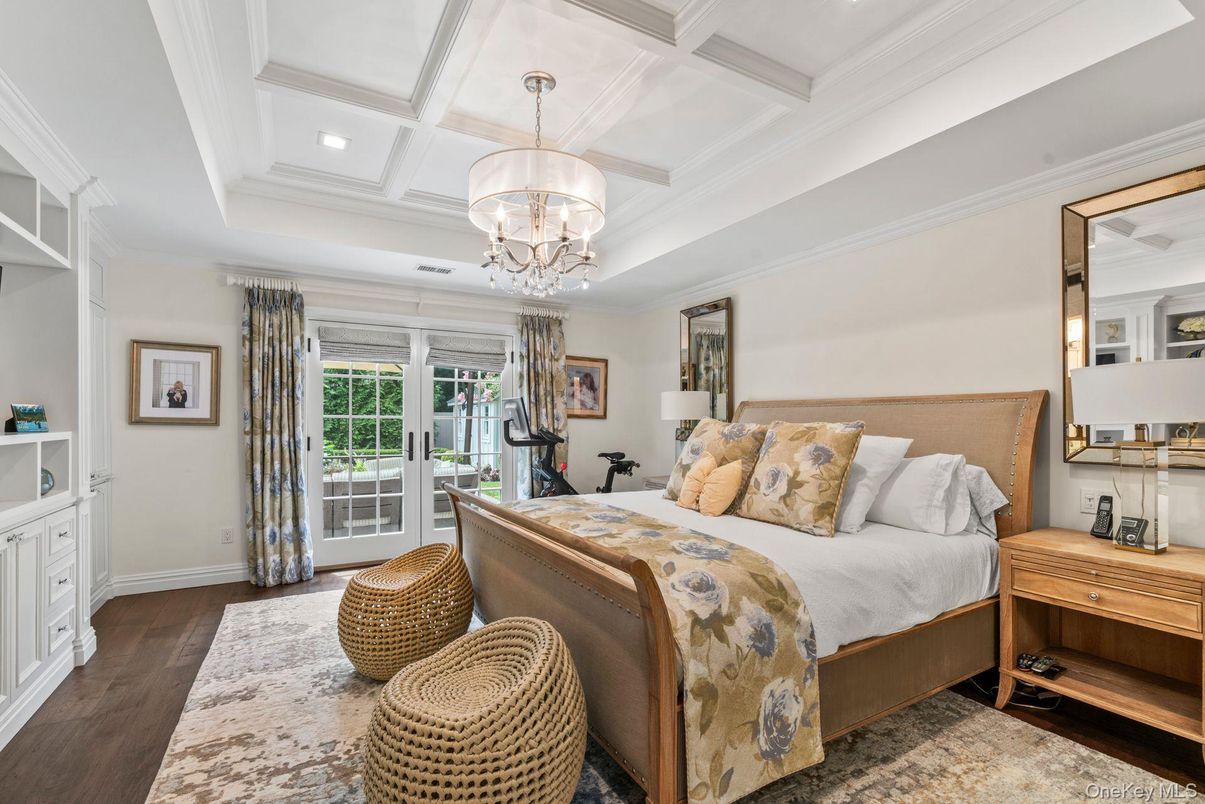 Bedroom, Chandelier, Interior, Recessed Lighting, Wood Texture Flooring