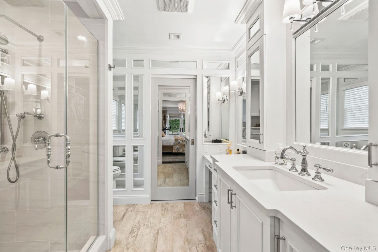 Bathroom, Dual Sink Vanities, Glass Shower, Interior, Wood Texture Flooring
