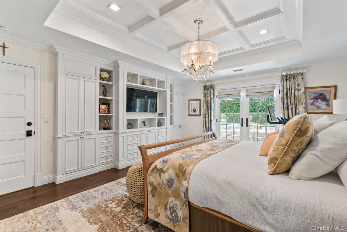 Bedroom, Chandelier, Interior, Recessed Lighting, Wood Texture Flooring