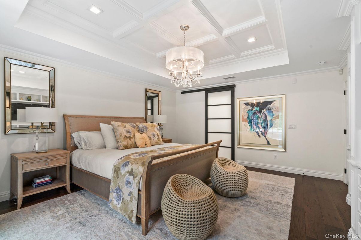 Bedroom, Chandelier, Interior, Recessed Lighting, Wood Texture Flooring
