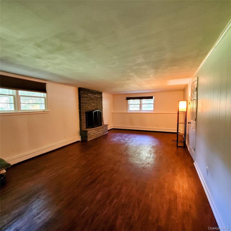 Empty room, Fireplace, Interior, Stone Walls, Wood Texture Flooring