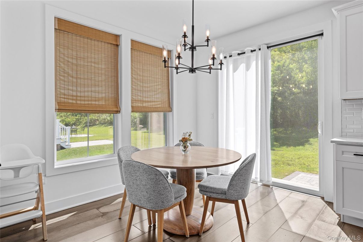 Dining room, Interior, Pendant Lights, Wood Texture Flooring