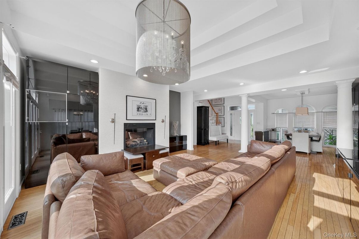 Fireplace, Interior, Kitchen, Living room, Pendant Lights, Recessed Lighting, Wood Texture Flooring