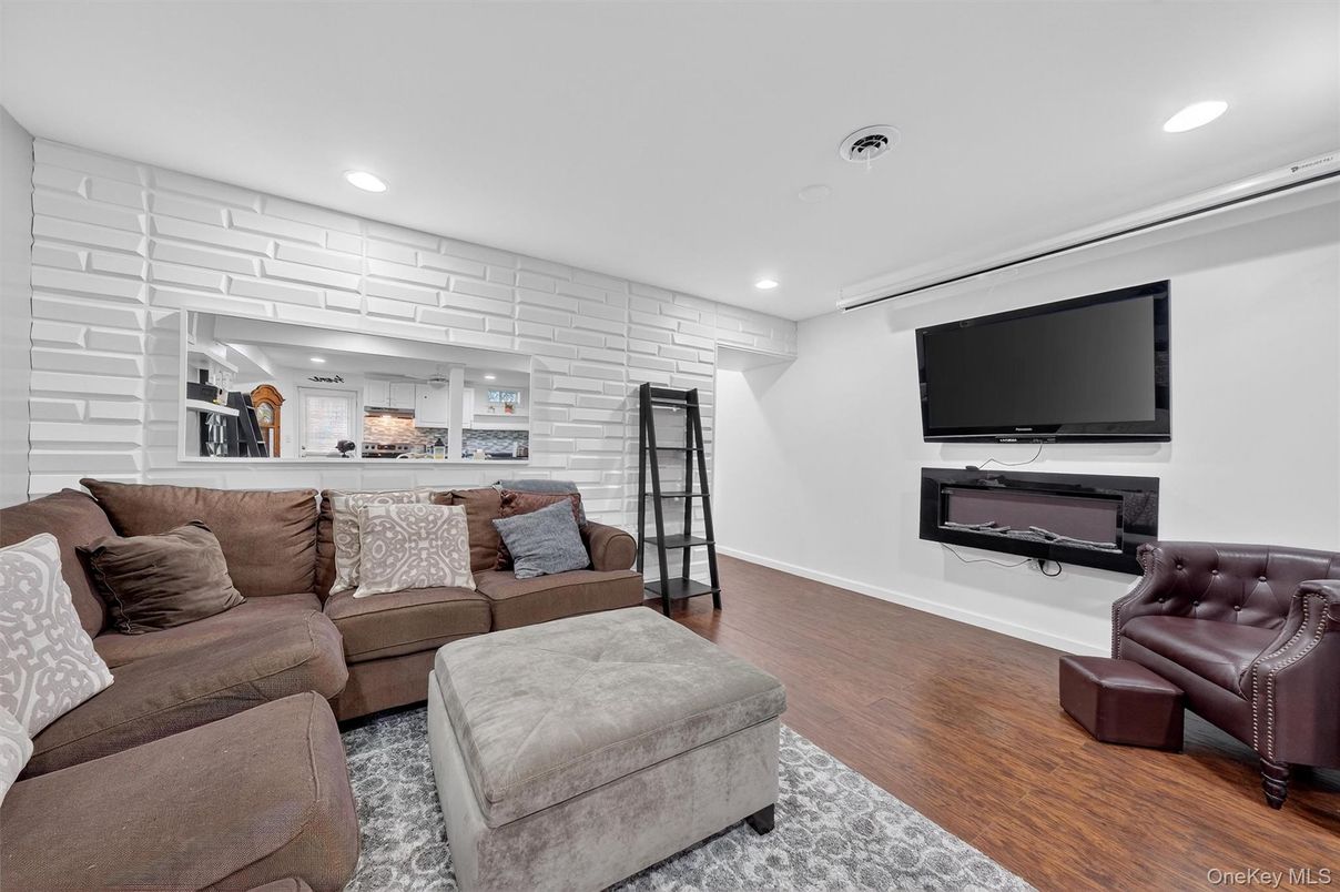 Interior, Kitchen, Living room, Recessed Lighting, Stone Walls, Wood Texture Flooring