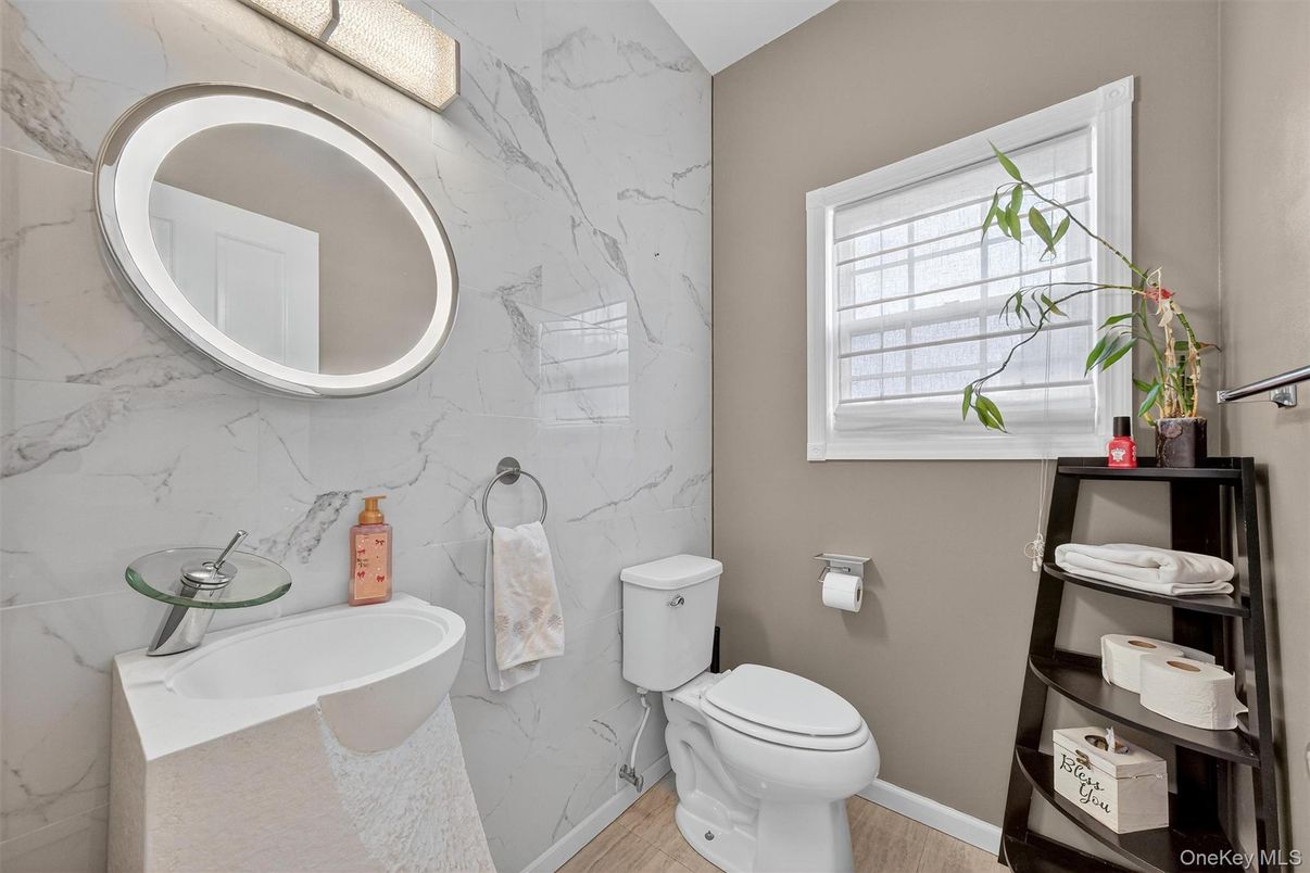 Bathroom, Interior, Marble Walls, Wood Texture Flooring