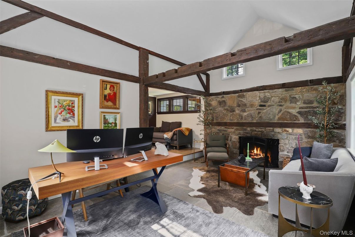 Fireplace, Home Office, Interior, Living room, Wooden Beams