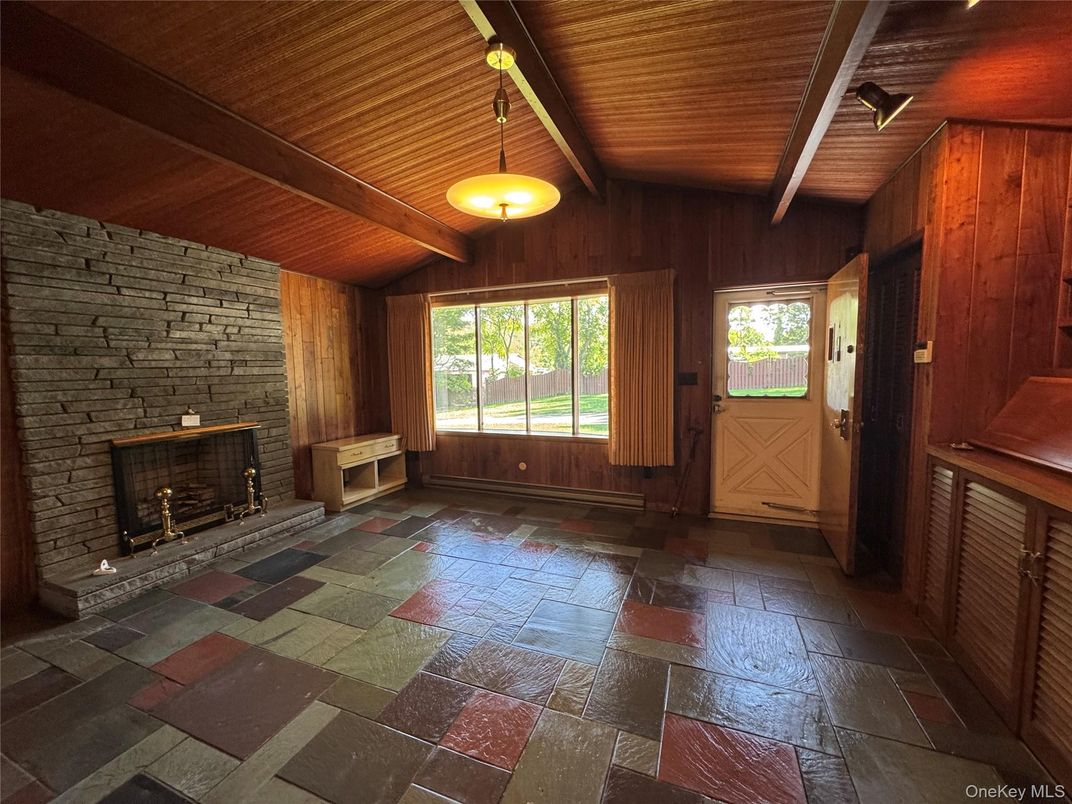 Fireplace, Interior, Pendant Lights, Stone Walls, Wooden Beams, Wooden Ceilings, Wooden Walls