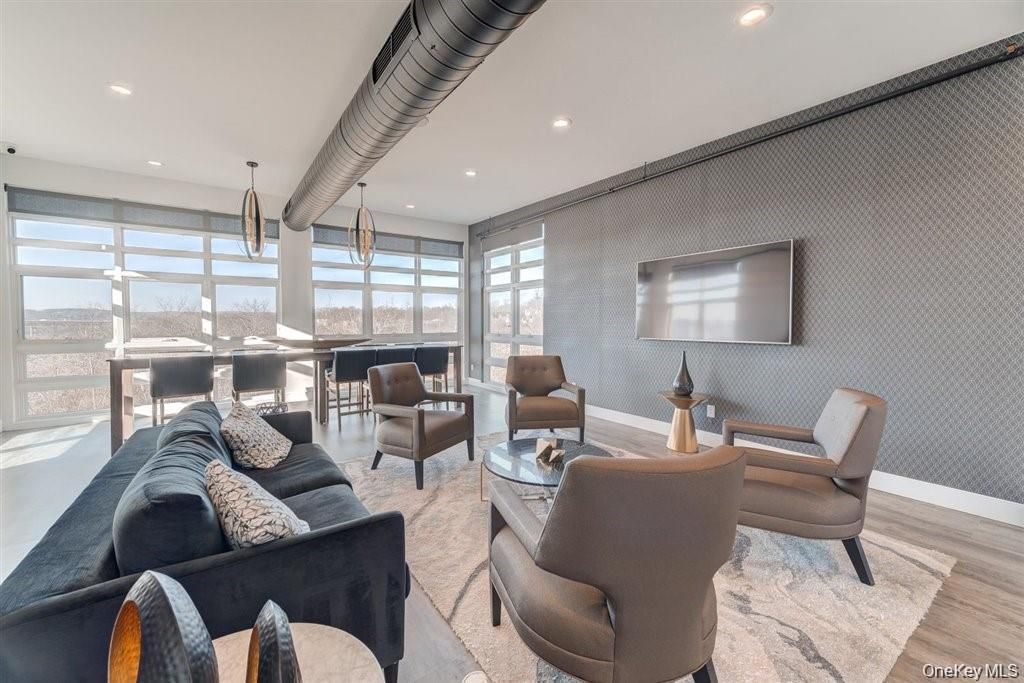 Dining room, Interior, Living room, Pendant Lights, Recessed Lighting, Wood Texture Flooring