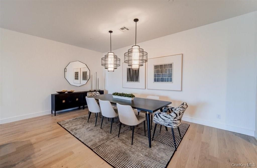 Dining room, Interior, Pendant Lights, Wood Texture Flooring