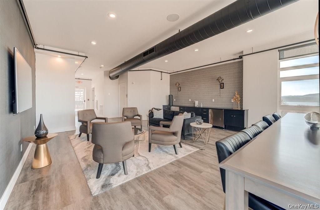 Dining room, Interior, Living room, Recessed Lighting, Wood Texture Flooring