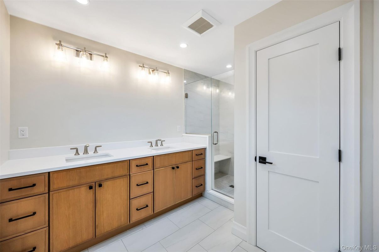 Bathroom, Dual Sink Vanities, Glass Shower, Interior, Recessed Lighting