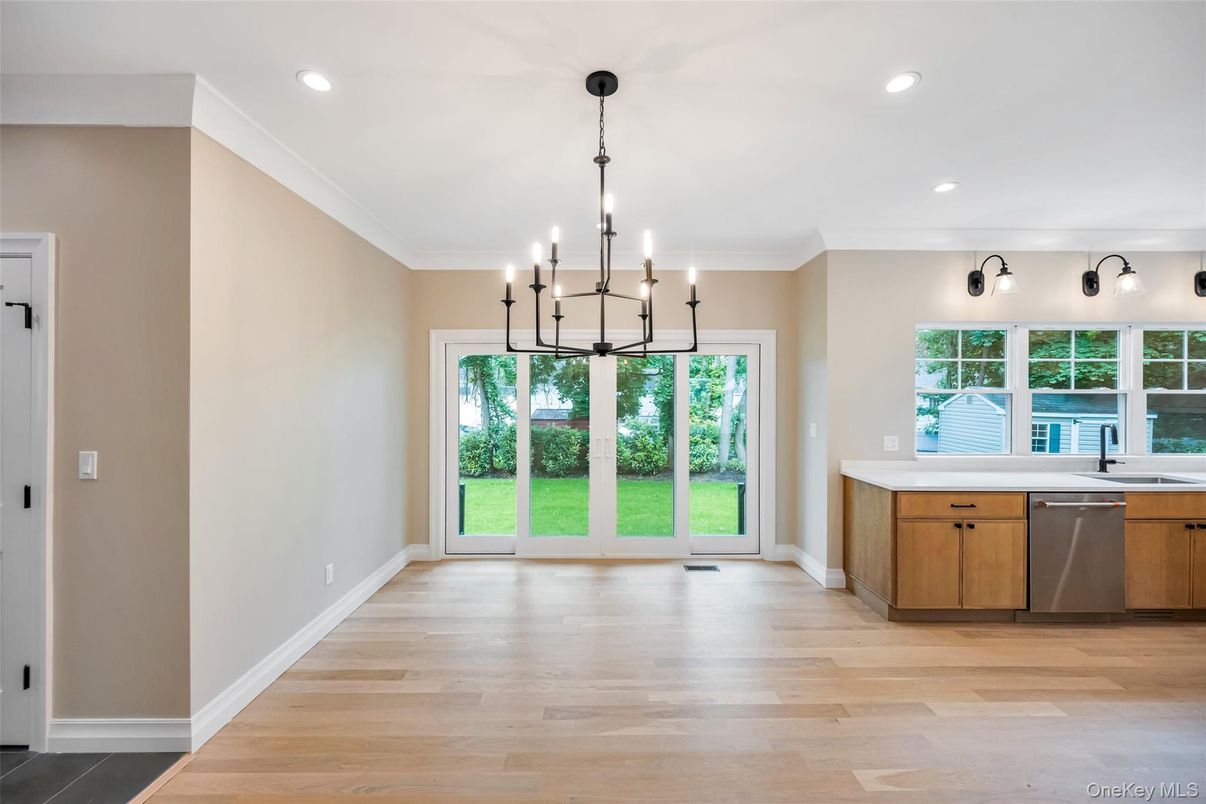 Chandelier, Interior, Kitchen, Pendant Lights, Recessed Lighting, Wood Texture Flooring