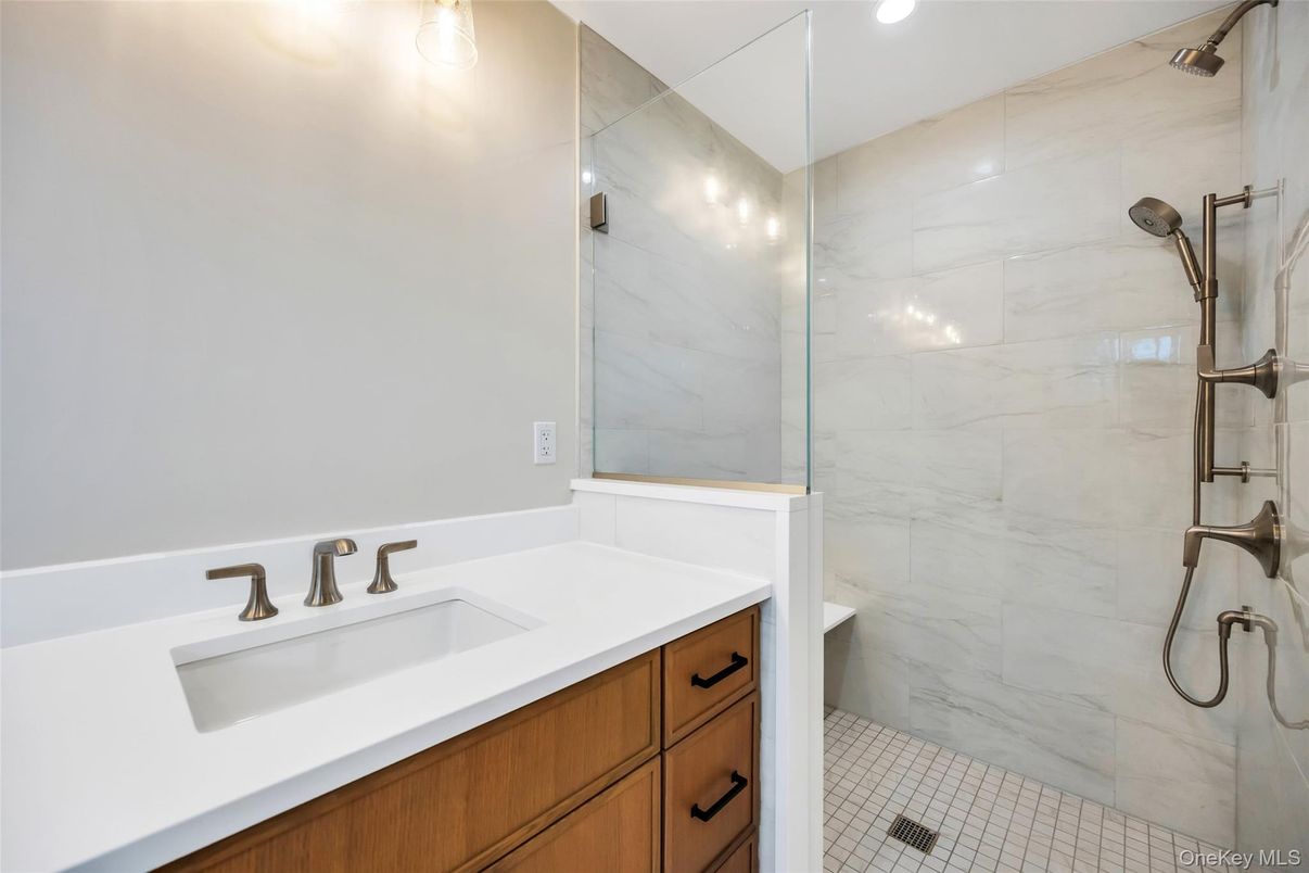 Bathroom, Glass Shower, Interior, Marble Walls, Recessed Lighting